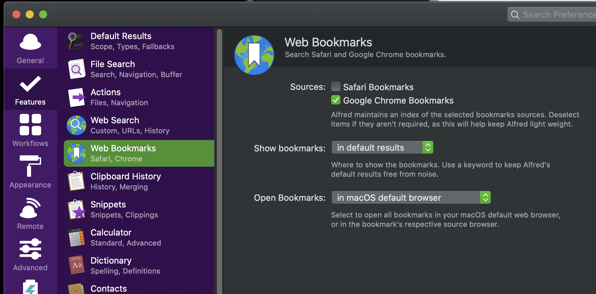 Alfred Web Bookmarks settings