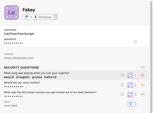 entering fake security responses into 1Password