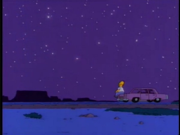 homer simpson sitting on the hood of his car staring at the stars