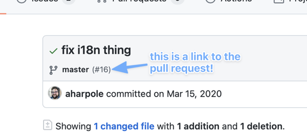 screenshot of a GitHub commit page showing that you can see a link to the pull request a commit was merged to the main branch in