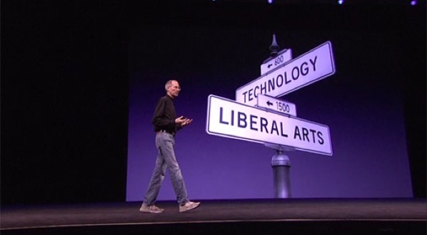 Steve Jobs standing by an image of a street sign representing the intersection of technology and liberal arts