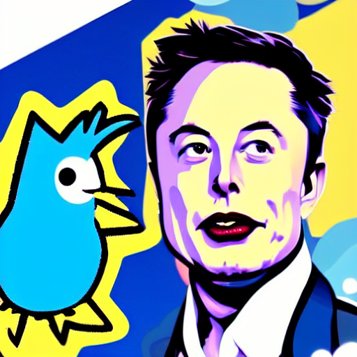 AI generated drawing of Elon Musk with a Twitter bird on his shoulder