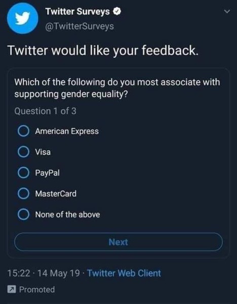 a cringe-worthy screenshot of a Twitter survey asking the reader how they associate a bunch of finance brands with gender equality
