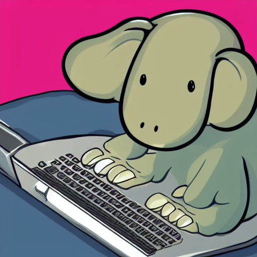 an ai-generated image of a cartoon mastodon using a laptop
