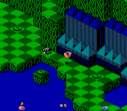 screenshot of level 1 of Snake Rattle 'n Roll for NES (source: wikipedia.org)